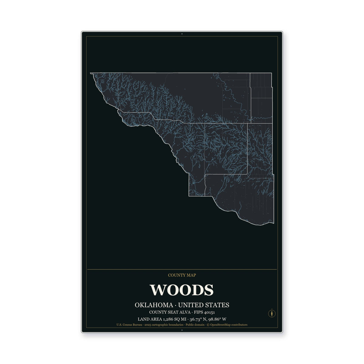 Woods County, Oklahoma Map Aluminum Sign in Metropolitan Noir style