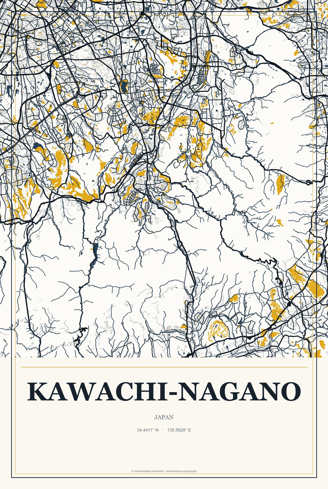 Kawachi-Nagano, Japan City Map Aluminum Sign in Citrine Modern style