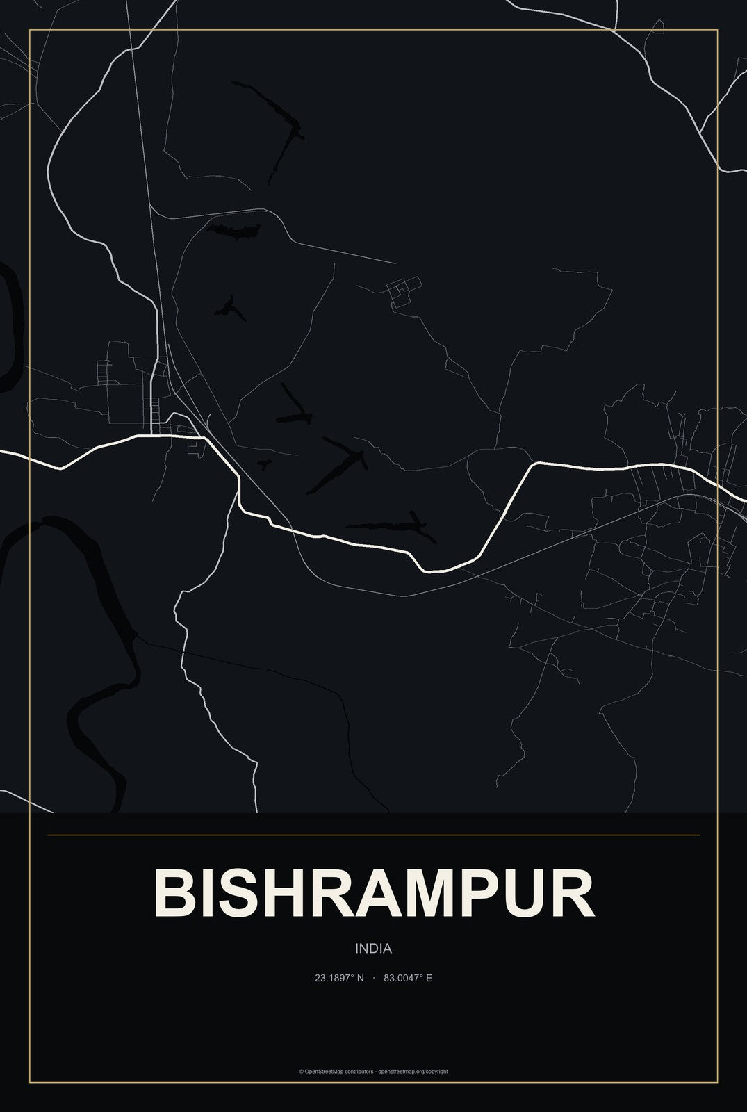 Bishrampur, India City Map Aluminum Sign in Metropolitan Noir style