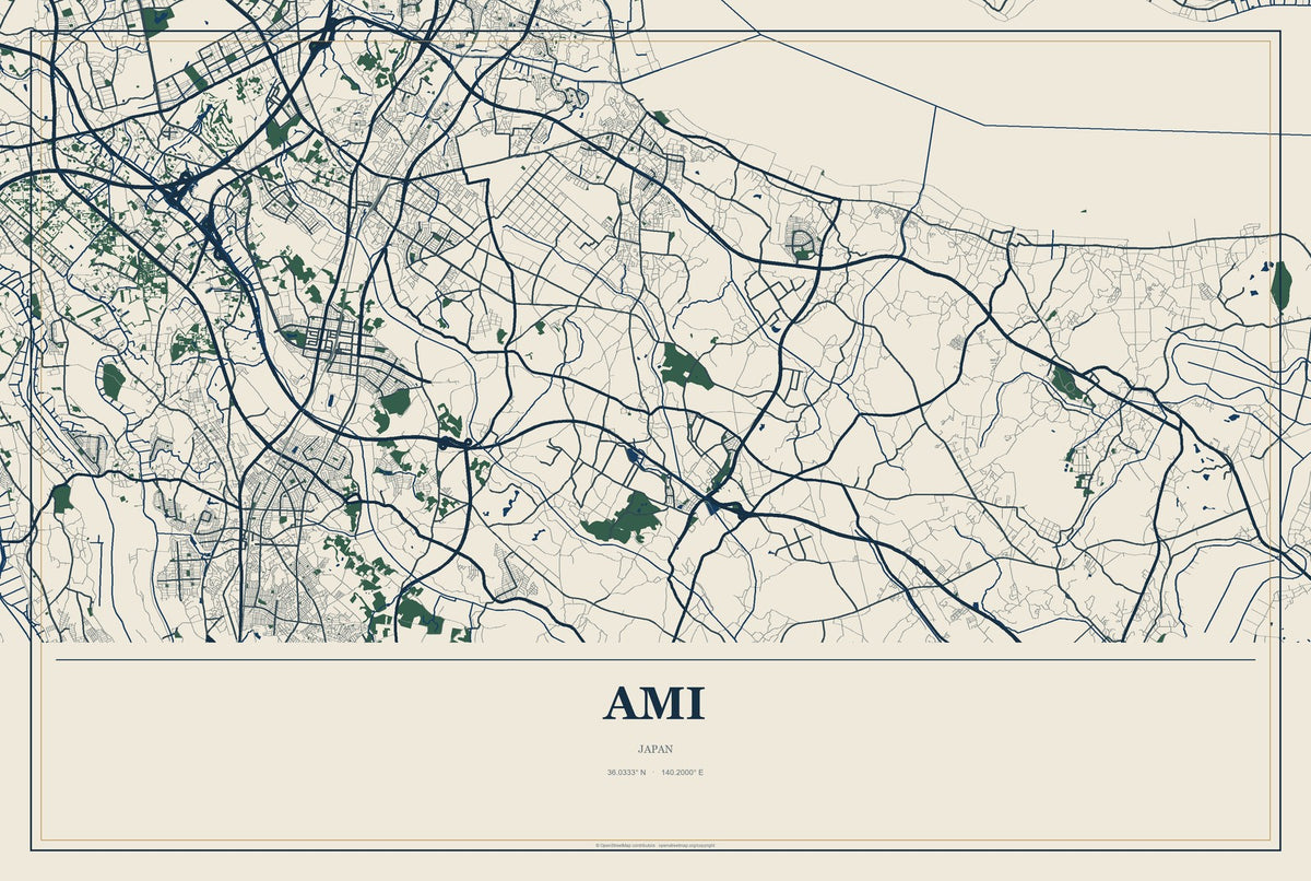 Ami, Japan City Map Aluminum Sign in Coastal Cutout style