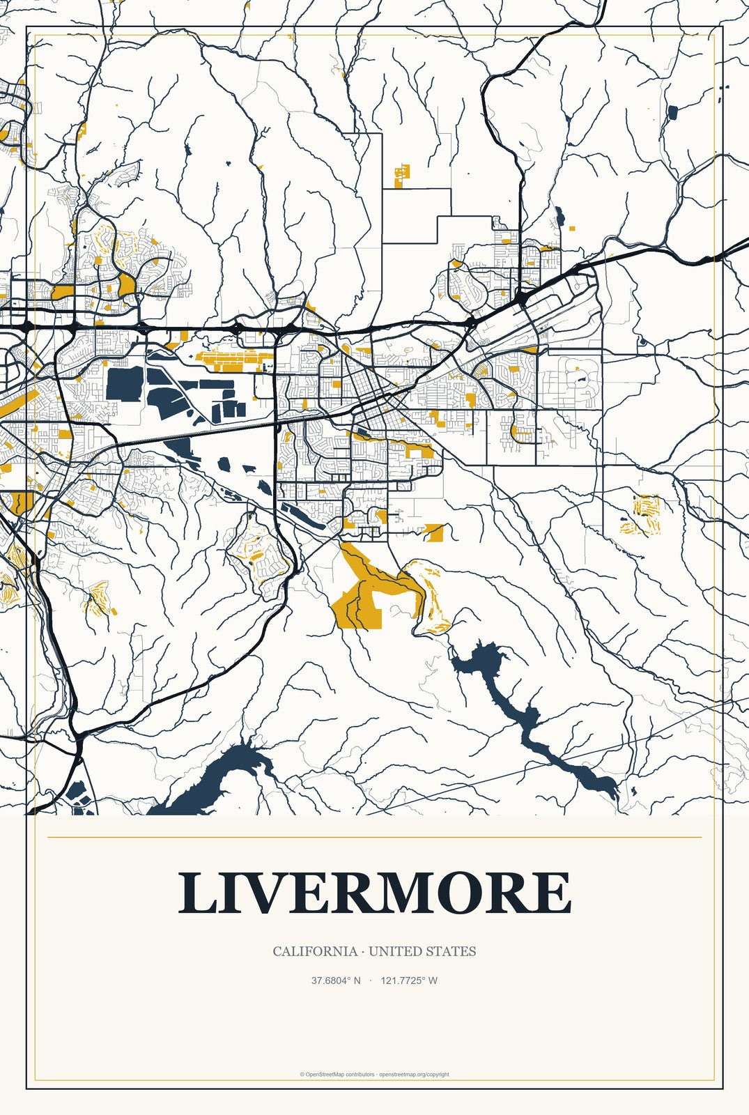 Livermore, California City Map Aluminum Sign in Citrine Modern style