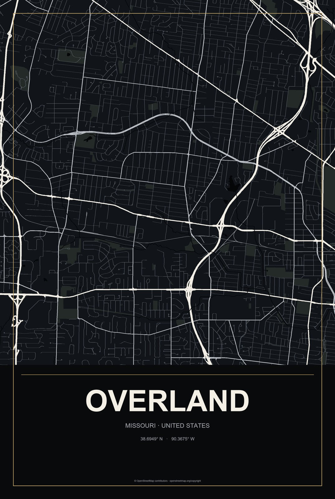Overland, Missouri City Map Aluminum Sign in Metropolitan Noir style