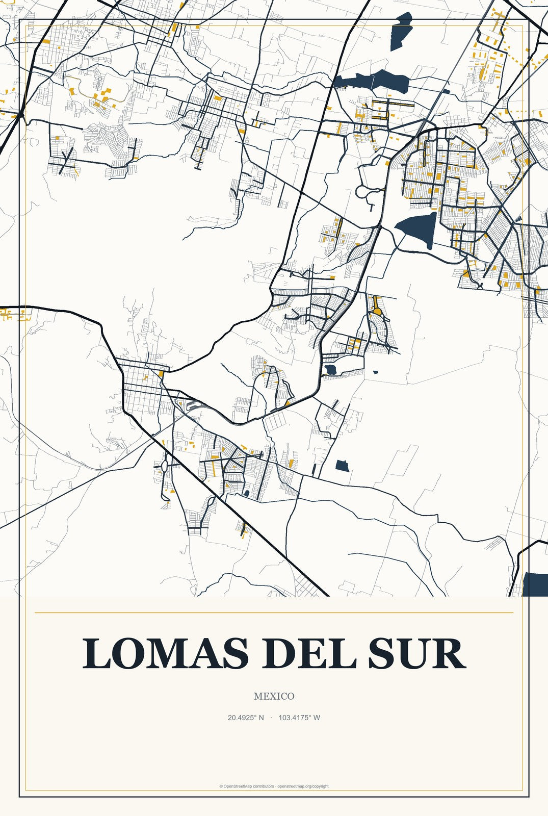 Lomas del Sur, Mexico City Map Aluminum Sign in Citrine Modern style