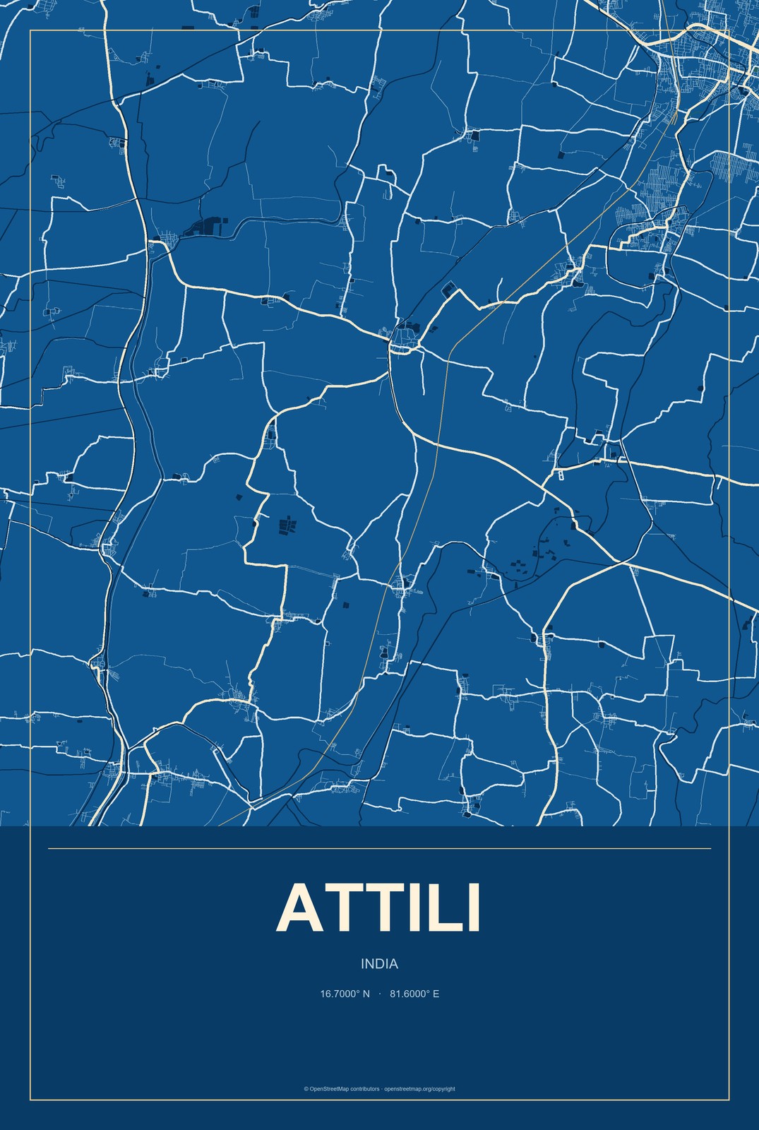 Attili, India City Map Aluminum Sign in Harbor Cobalt style