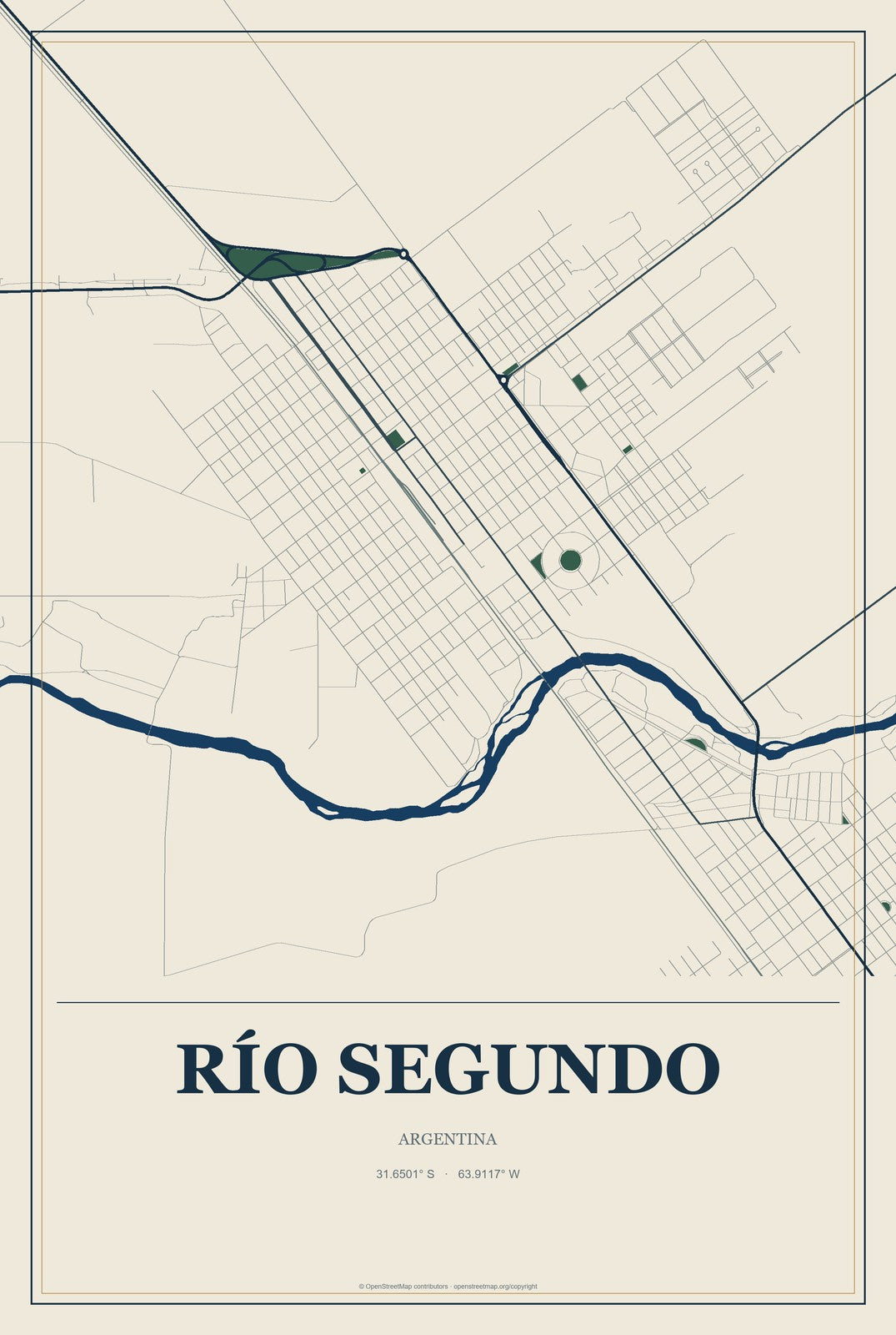 Río Segundo, Argentina City Map Aluminum Sign in Coastal Cutout style