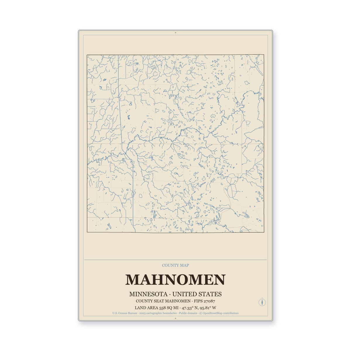 Mahnomen County, Minnesota Map Aluminum Sign in Heritage Nautical style