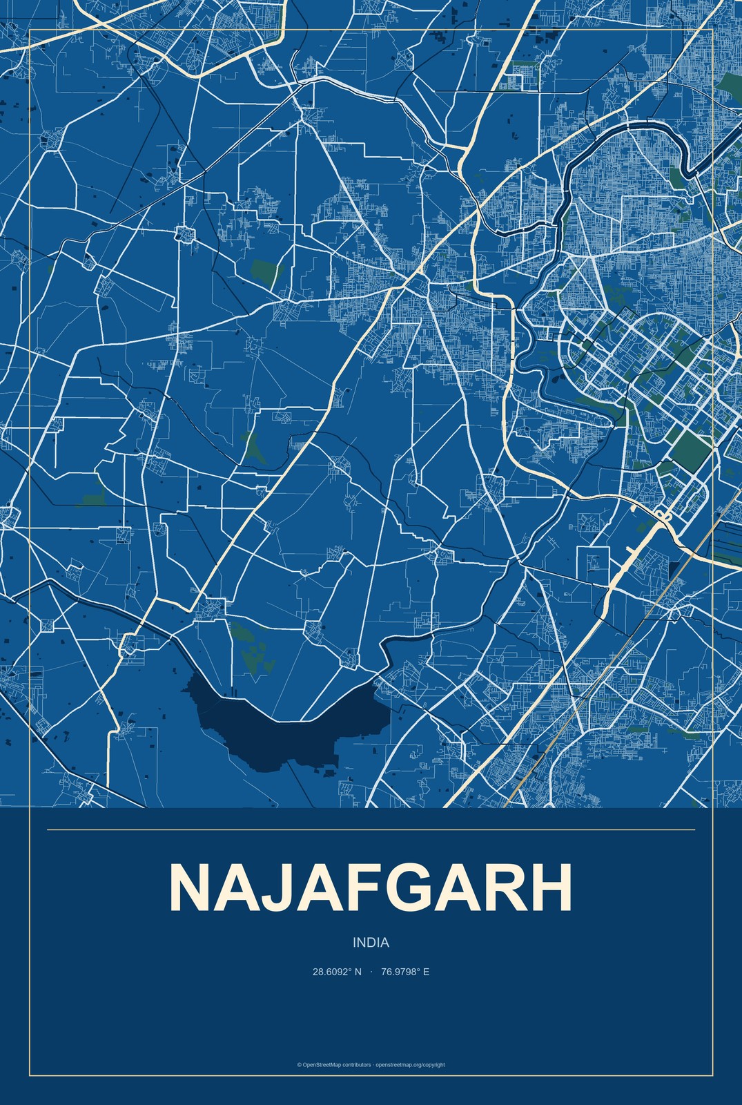 Najafgarh, India City Map Aluminum Sign in Harbor Cobalt style