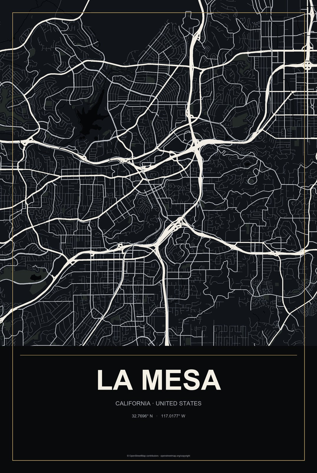 La Mesa, California City Map Aluminum Sign in Metropolitan Noir style