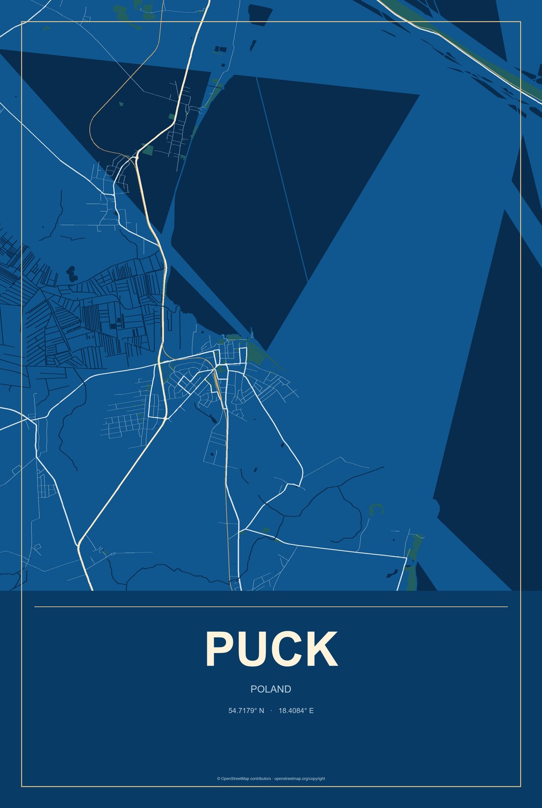 Puck, Poland City Map Aluminum Sign in Harbor Cobalt style