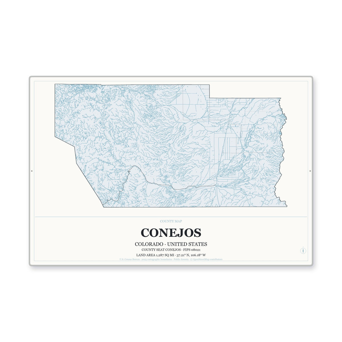 Conejos County, Colorado Map Aluminum Sign in Gallery Air style