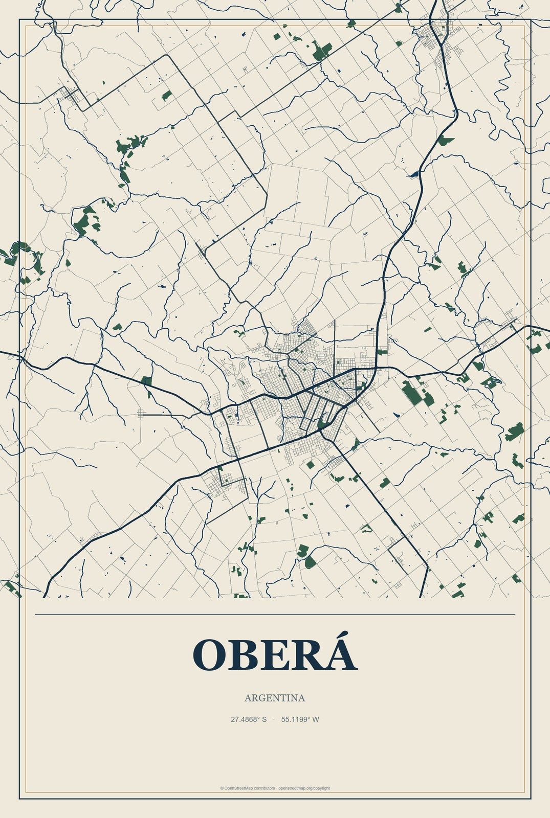 Oberá, Argentina City Map Aluminum Sign in Coastal Cutout style
