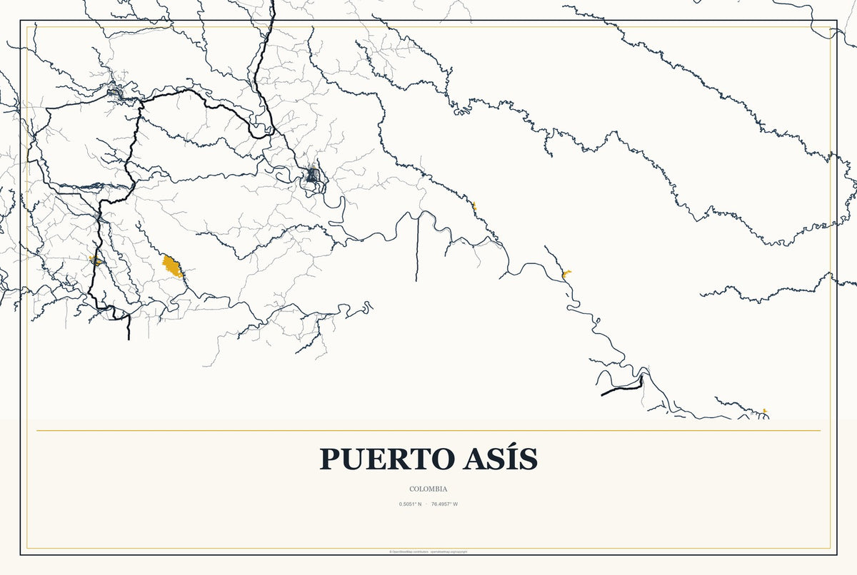 Puerto Asís, Colombia City Map Aluminum Sign in Citrine Modern style