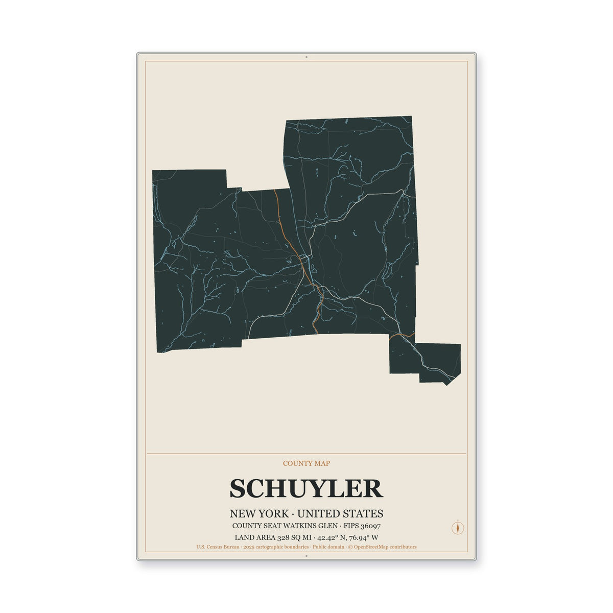 Schuyler County, New York Map Aluminum Sign in Headline Atlas style