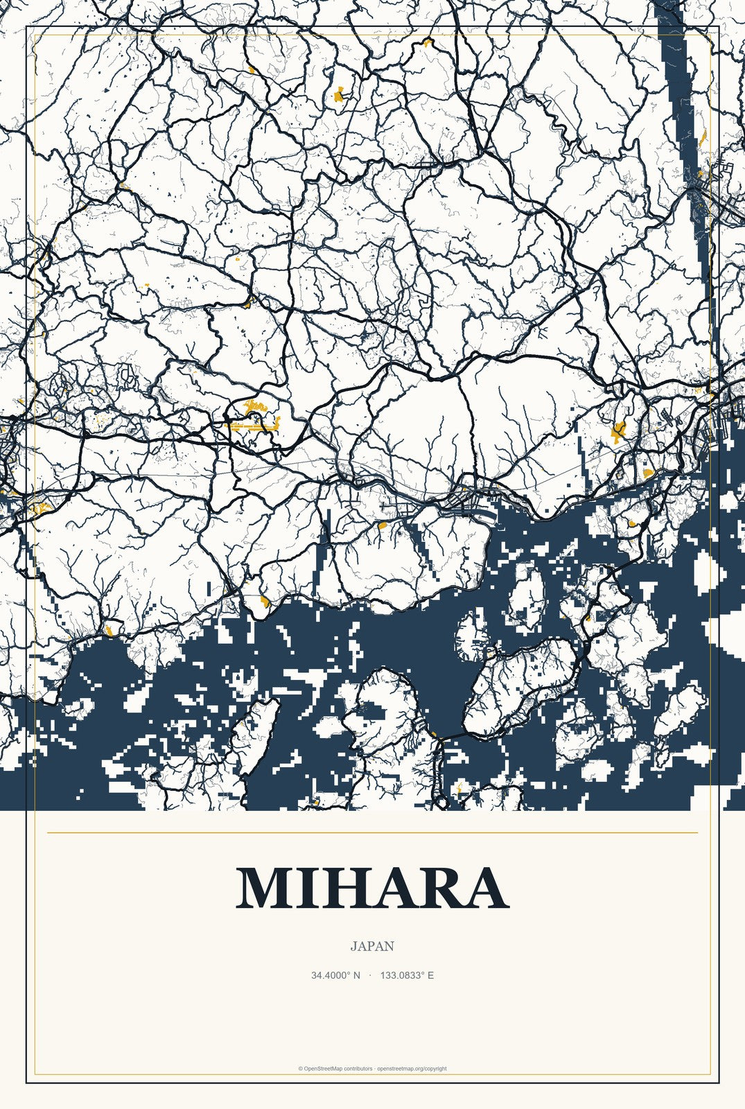Mihara, Japan City Map Aluminum Sign in Citrine Modern style