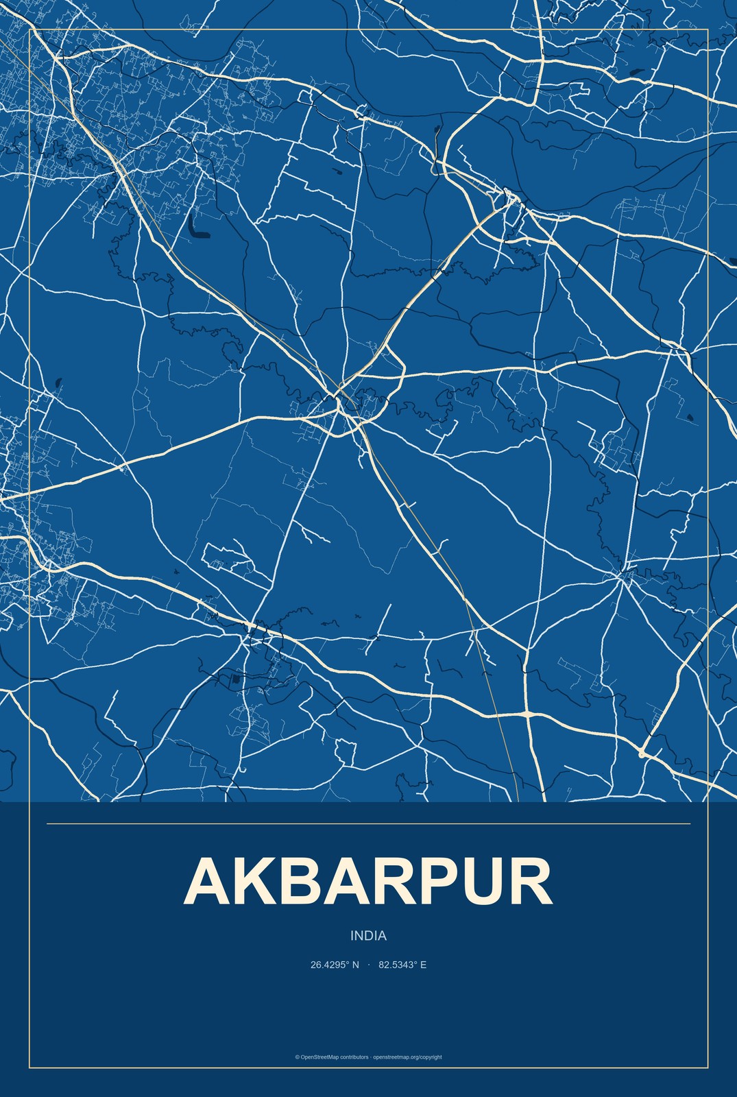 Akbarpur, India City Map Aluminum Sign in Harbor Cobalt style