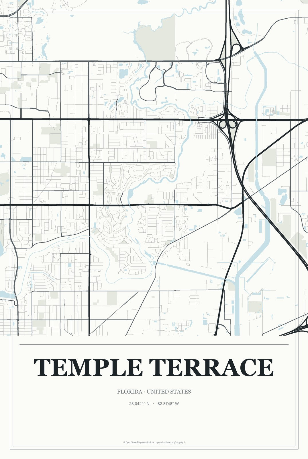 Temple Terrace, Florida City Map Aluminum Sign in Gallery Air style