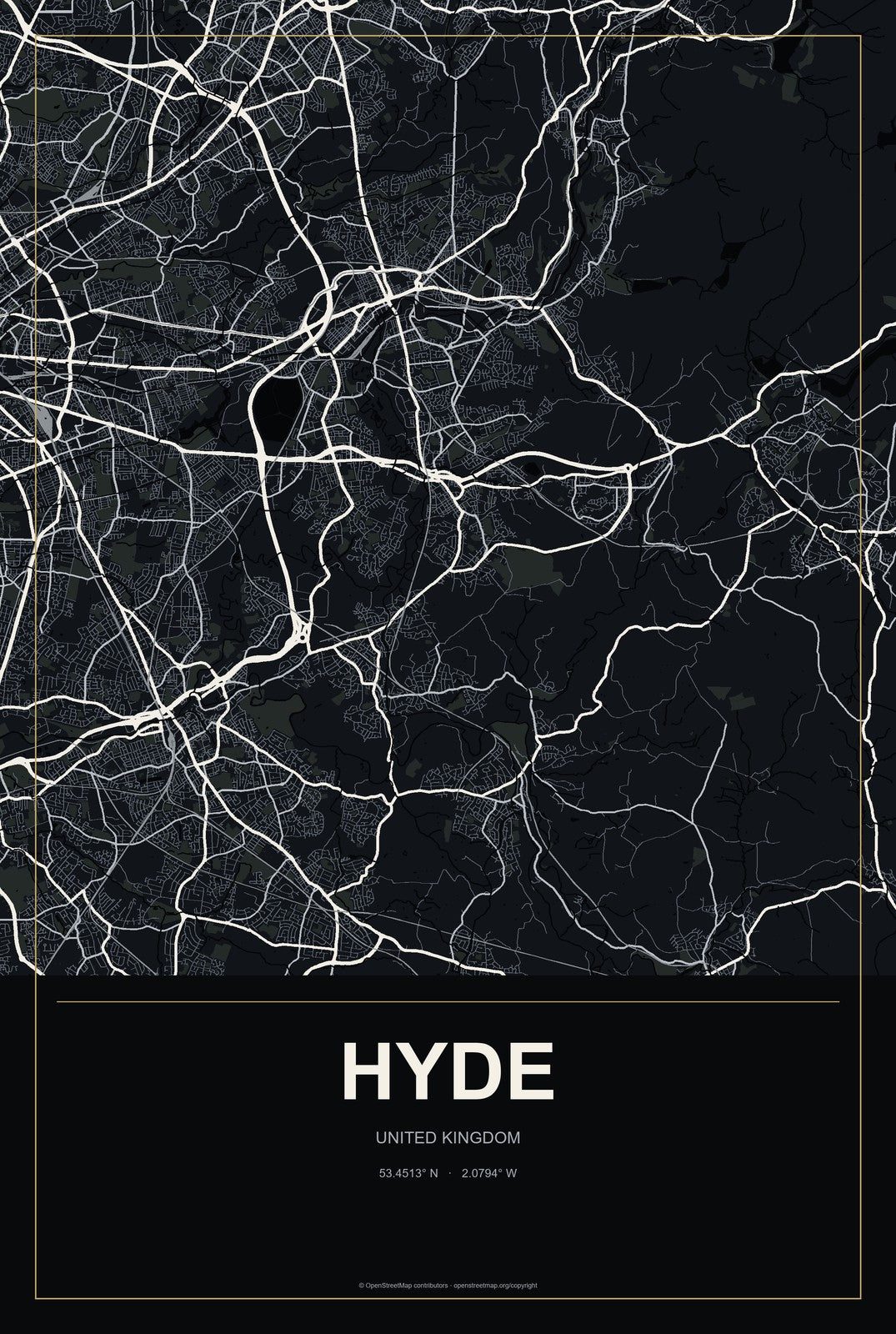 Hyde, United Kingdom City Map Aluminum Sign in Metropolitan Noir style