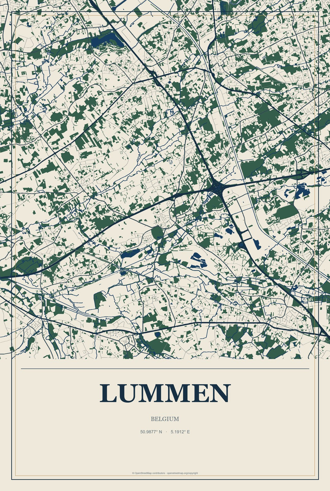 Lummen, Belgium City Map Aluminum Sign in Coastal Cutout style