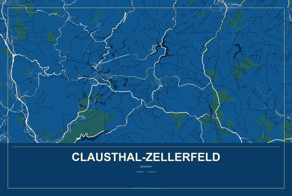 Clausthal-Zellerfeld, Germany City Map Aluminum Sign in Harbor Cobalt style