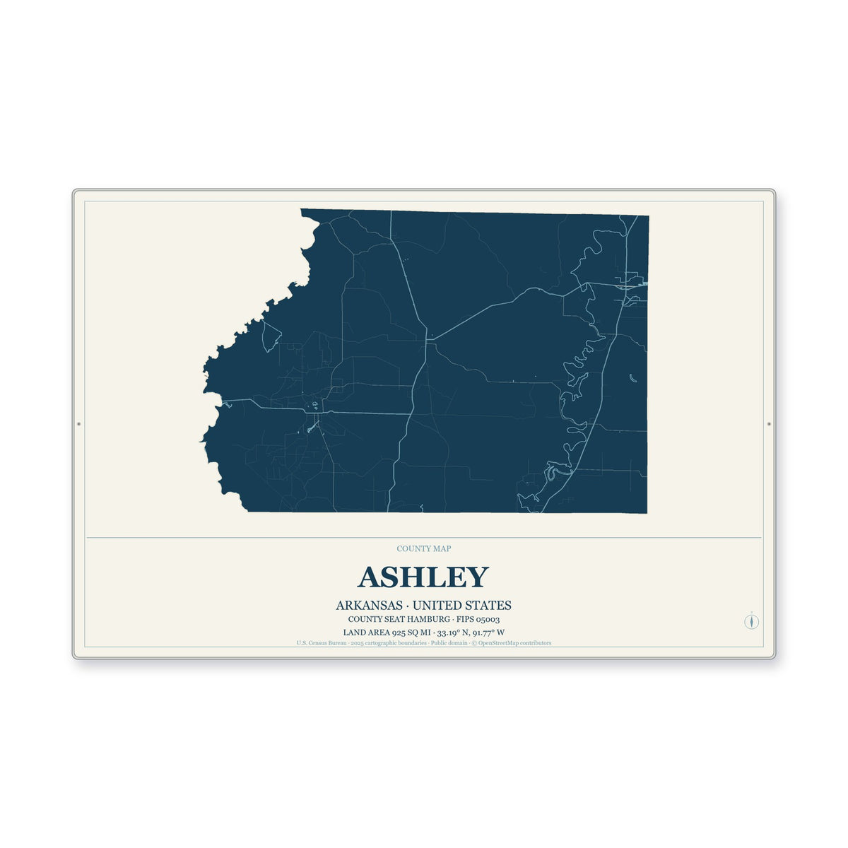 Ashley County, Arkansas Map Aluminum Sign in Coastal Cutout style