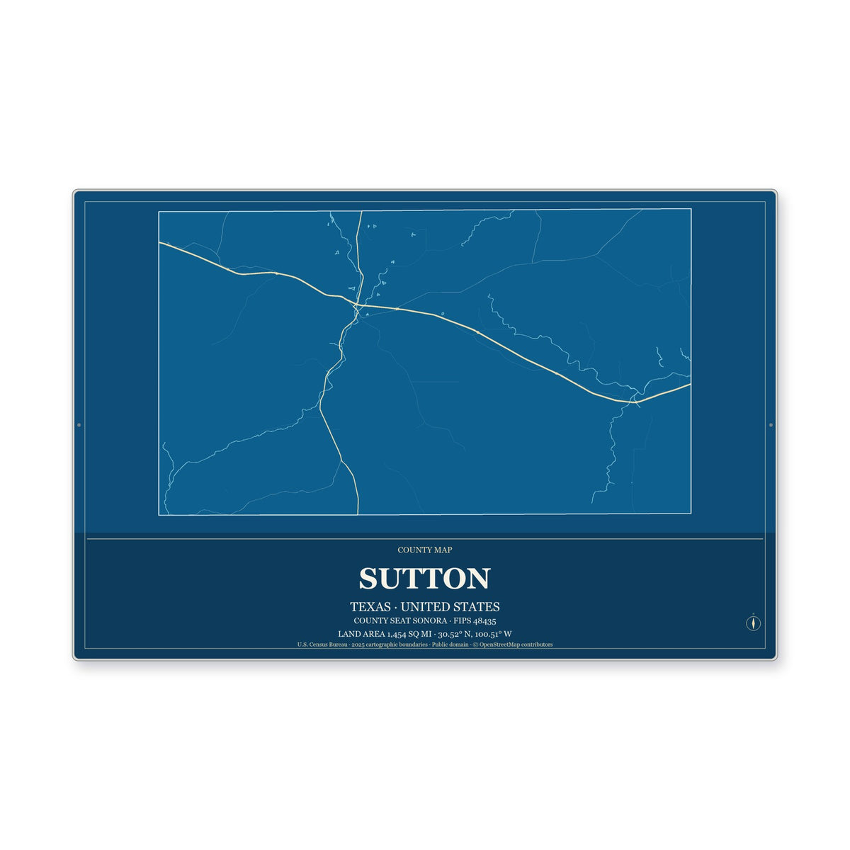 Sutton County, Texas Map Aluminum Sign in Harbor Cobalt style