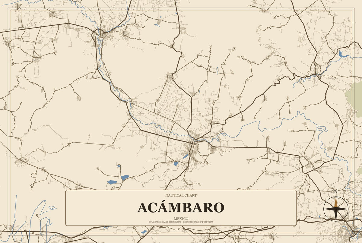 Acámbaro, Mexico City Map Aluminum Sign in Heritage Nautical style