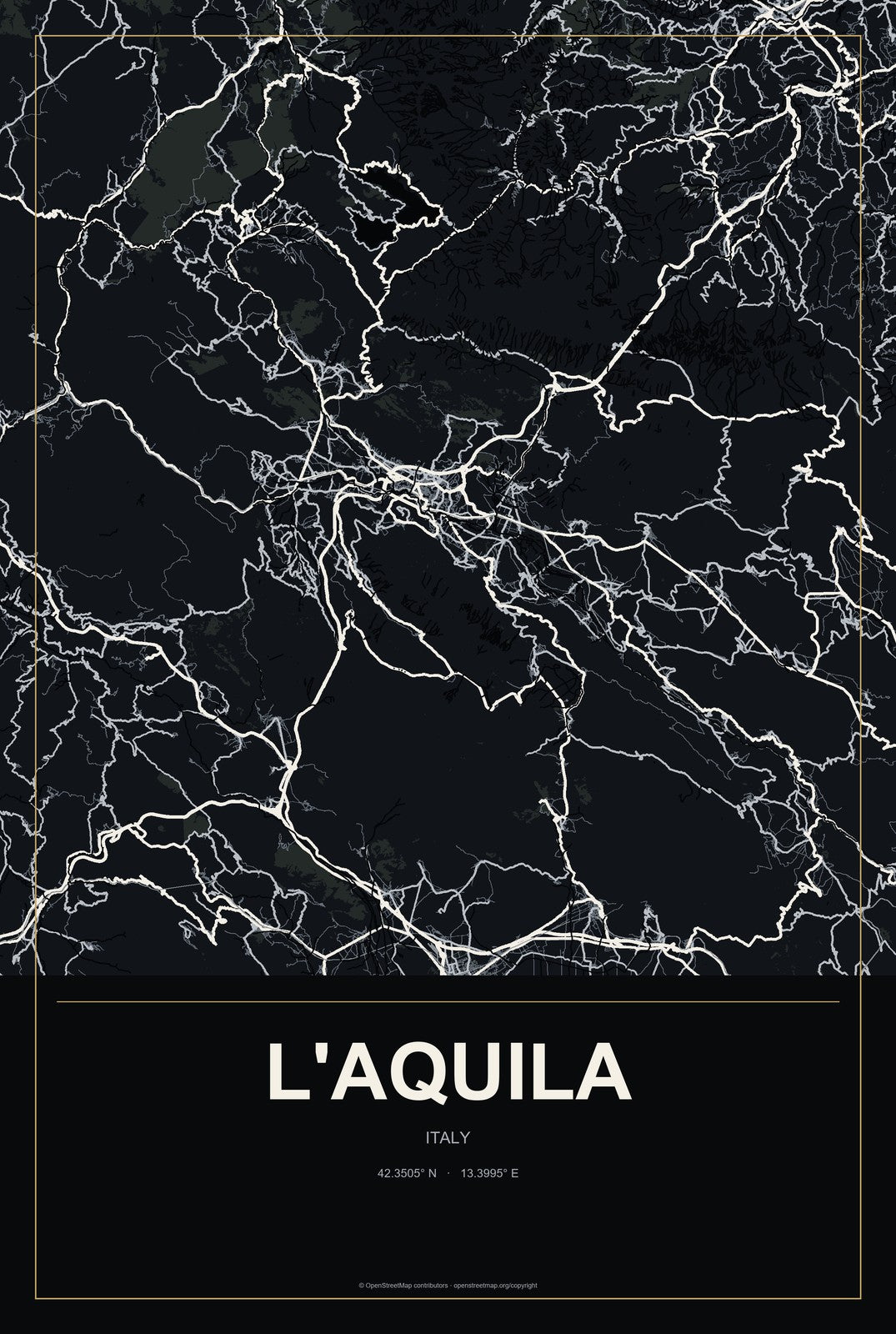L'Aquila, Italy City Map Aluminum Sign in Metropolitan Noir style