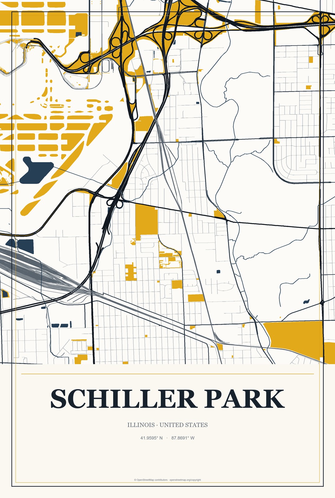 Schiller Park, Illinois City Map Aluminum Sign in Citrine Modern style