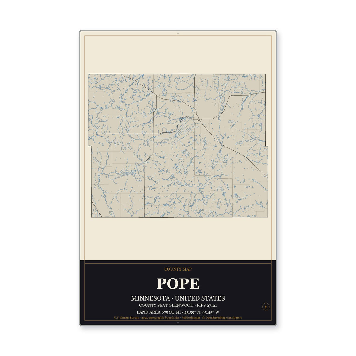 Pope County, Minnesota Map Aluminum Sign in Museum Plaque style