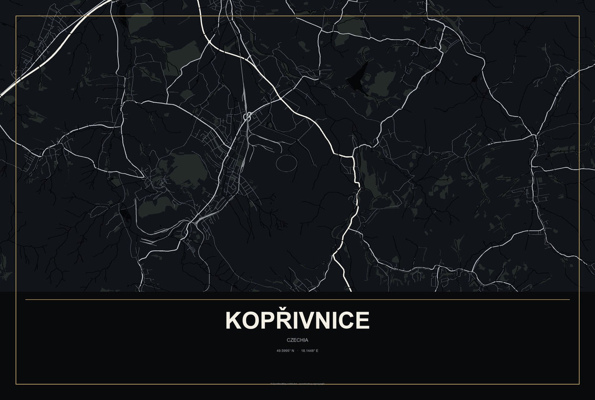 Kopřivnice, Czechia City Map Aluminum Sign in Metropolitan Noir style