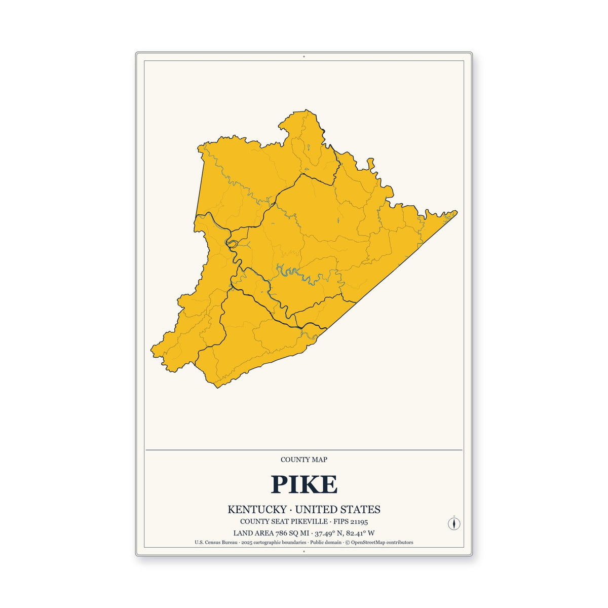 Pike County, Kentucky Map Aluminum Sign in Citrine Modern style