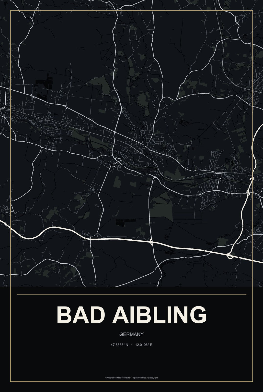 Bad Aibling, Germany City Map Aluminum Sign in Metropolitan Noir style
