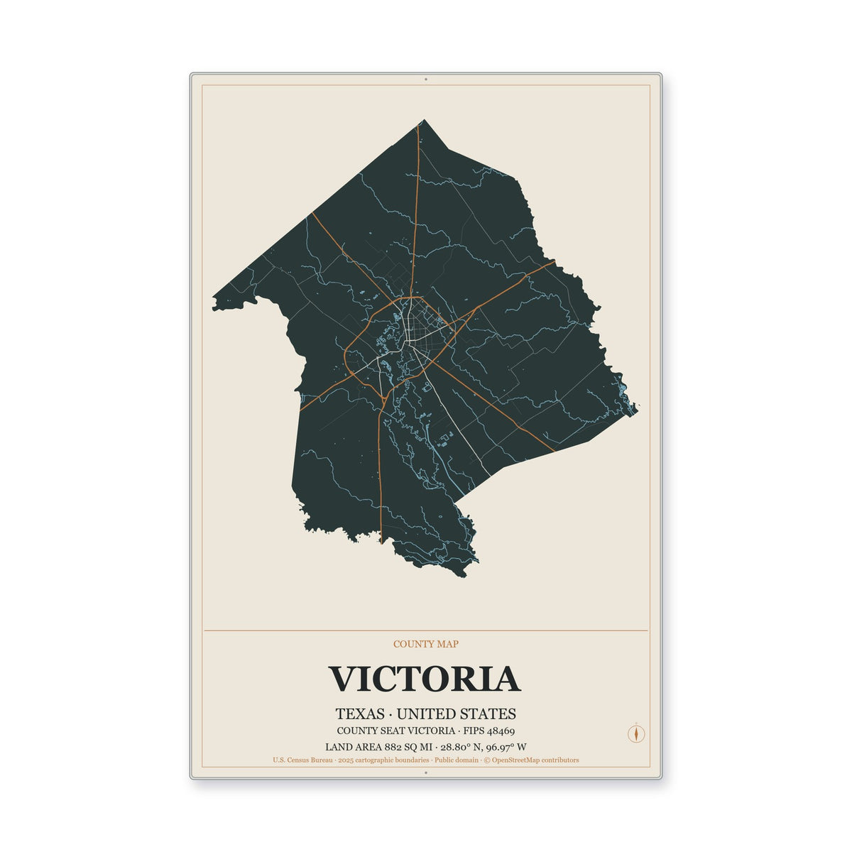 Victoria County, Texas Map Aluminum Sign in Headline Atlas style