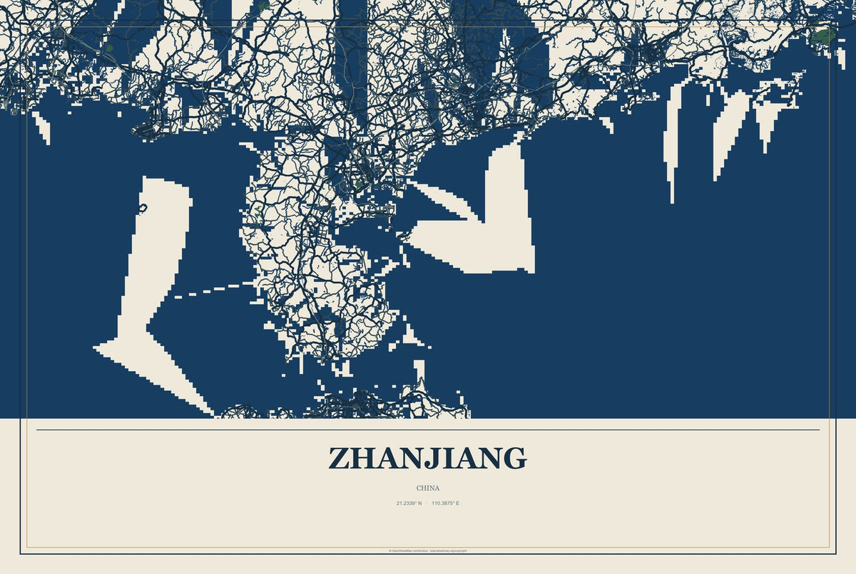 Zhanjiang, China City Map Aluminum Sign in Coastal Cutout style