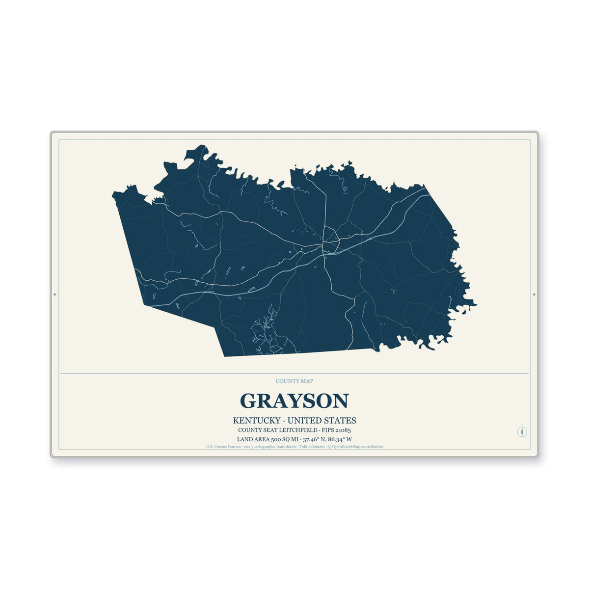 Grayson County, Kentucky Map Aluminum Sign in Coastal Cutout style