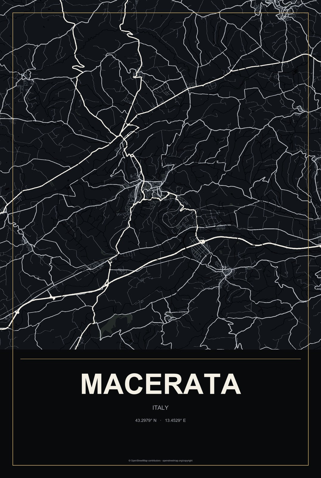 Macerata, Italy City Map Aluminum Sign in Metropolitan Noir style