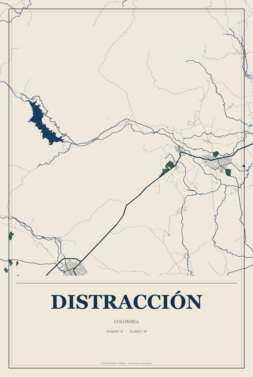 Distracción, Colombia City Map Aluminum Sign in Coastal Cutout style