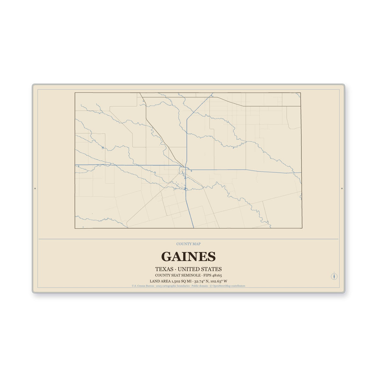 Gaines County, Texas Map Aluminum Sign in Heritage Nautical style