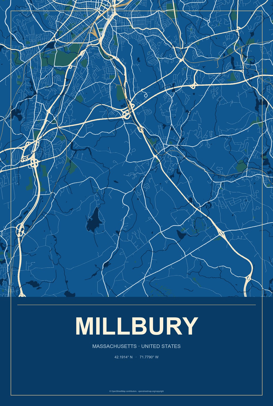 Millbury, Massachusetts City Map Aluminum Sign in Harbor Cobalt style