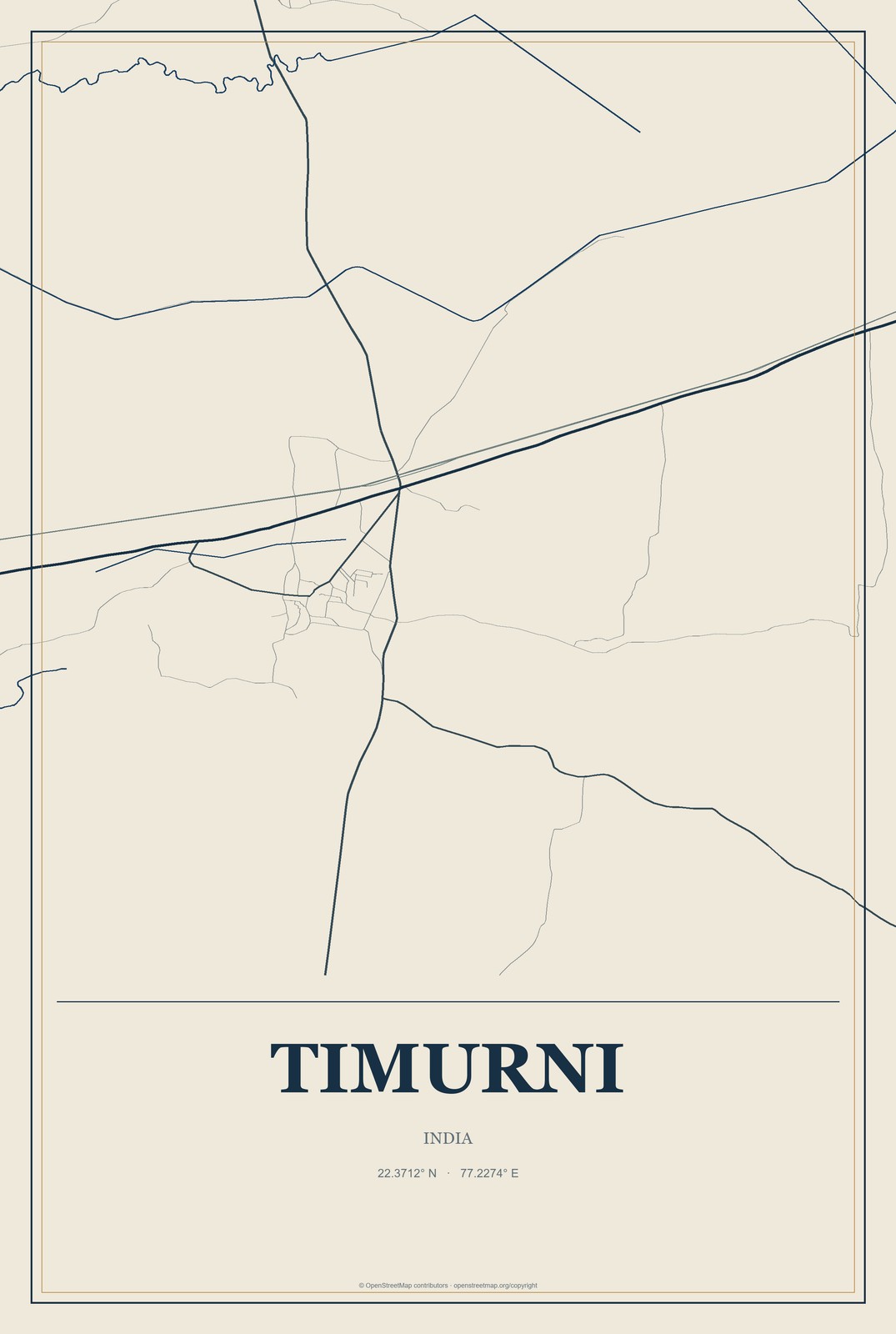 Timurni, India City Map Aluminum Sign in Coastal Cutout style