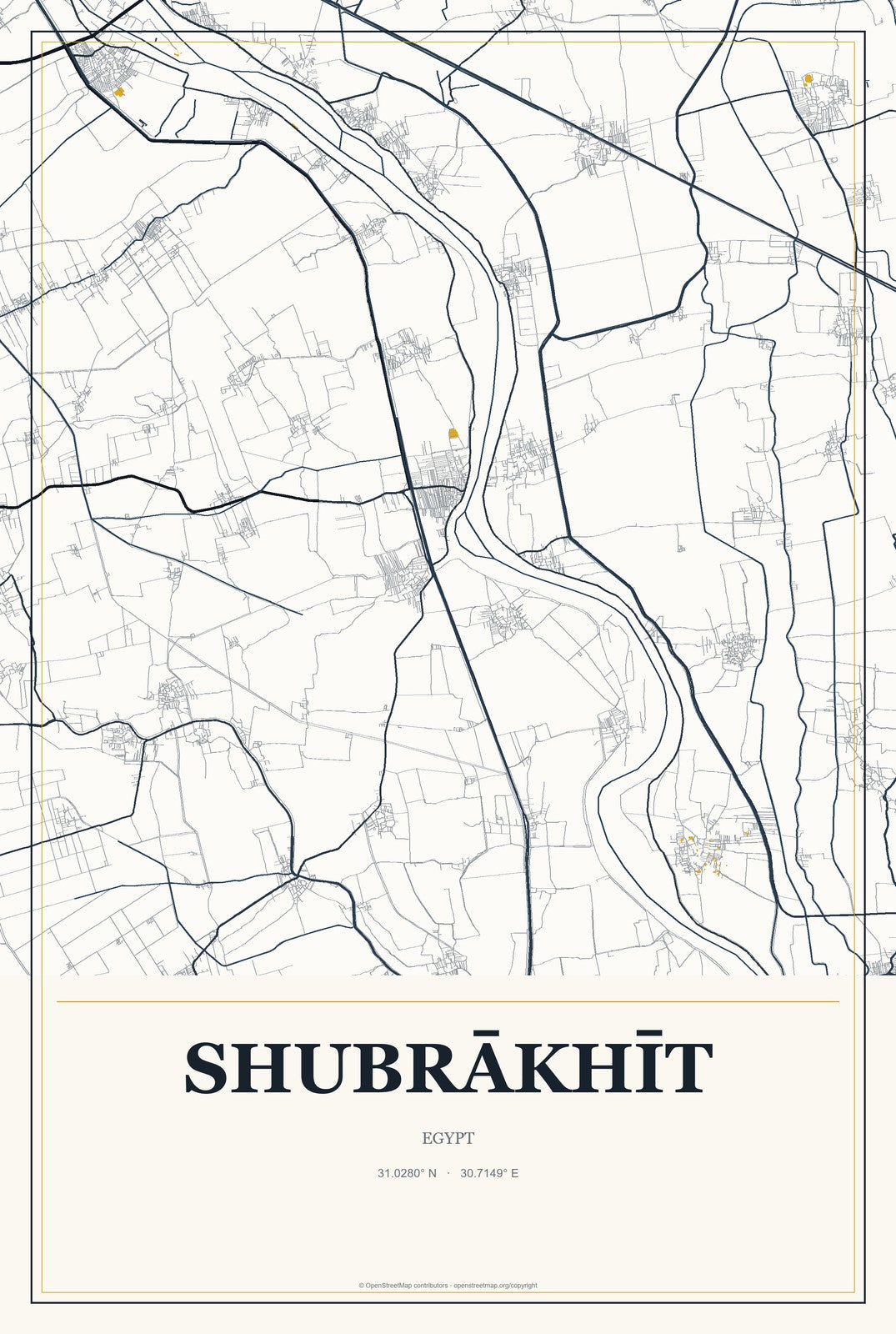 Shubrākhīt, Egypt City Map Aluminum Sign in Citrine Modern style