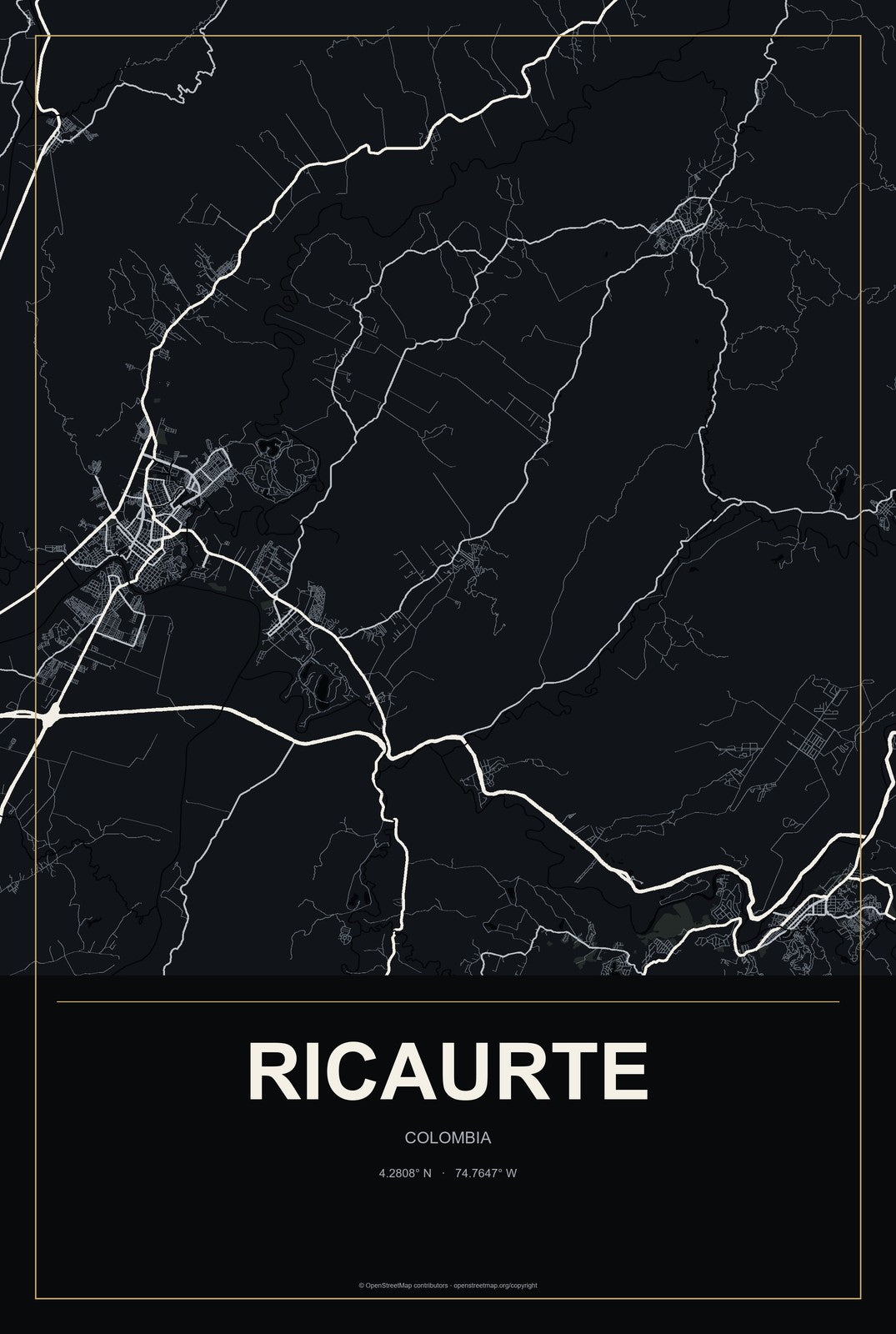 Ricaurte, Colombia City Map Aluminum Sign in Metropolitan Noir style