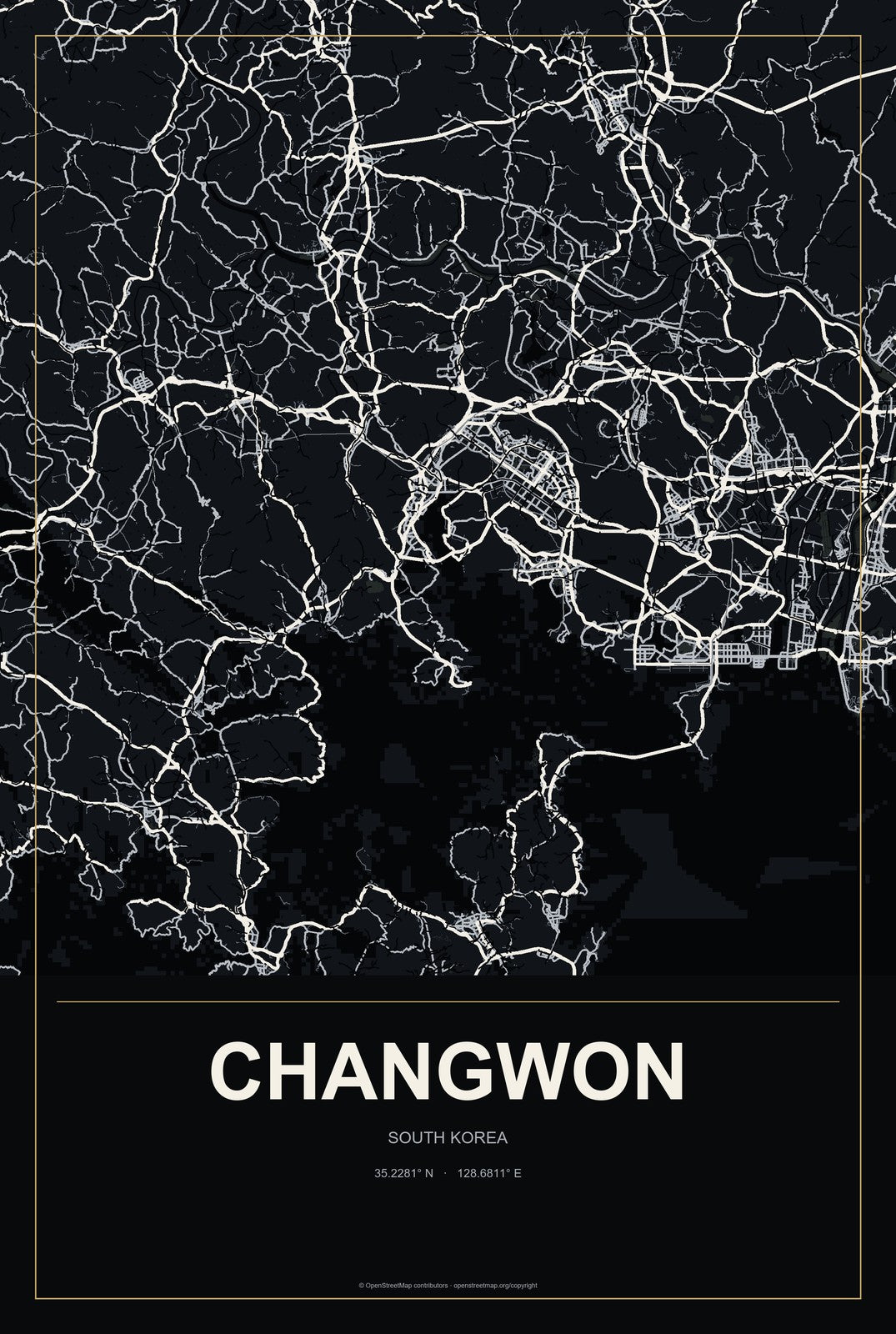 Changwon, South Korea City Map Aluminum Sign in Metropolitan Noir style