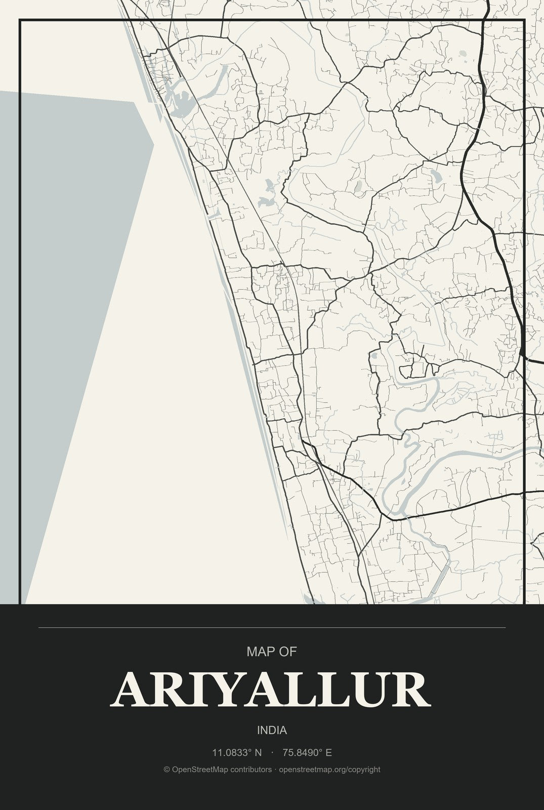 Ariyallur, India City Map Aluminum Sign in Museum Plaque style