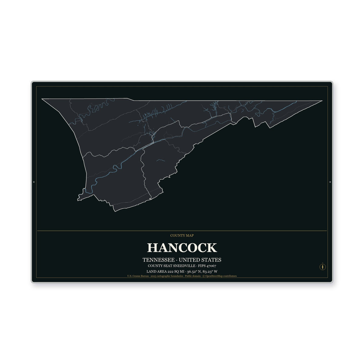Hancock County, Tennessee Map Aluminum Sign in Metropolitan Noir style