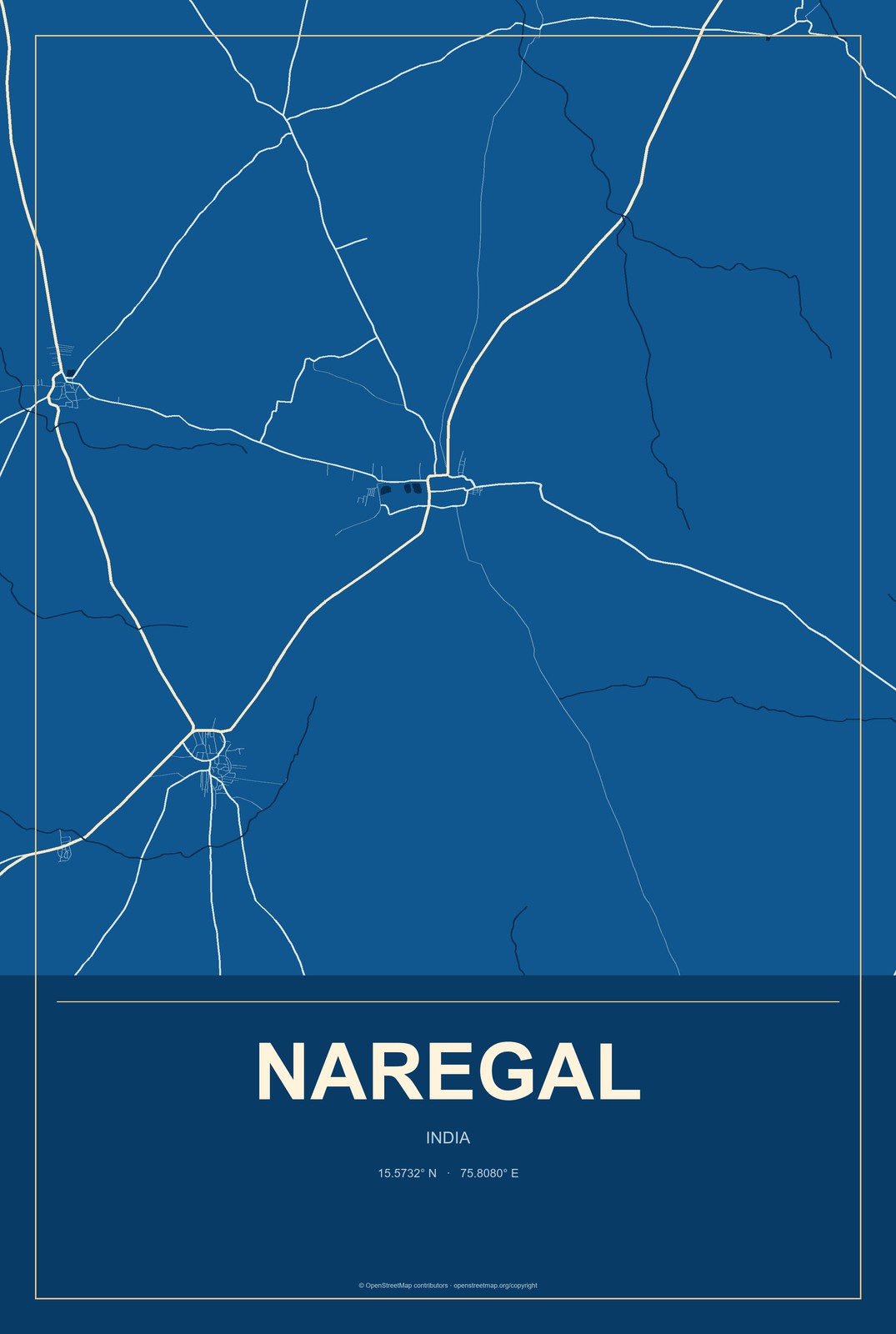 Naregal, India City Map Aluminum Sign in Harbor Cobalt style