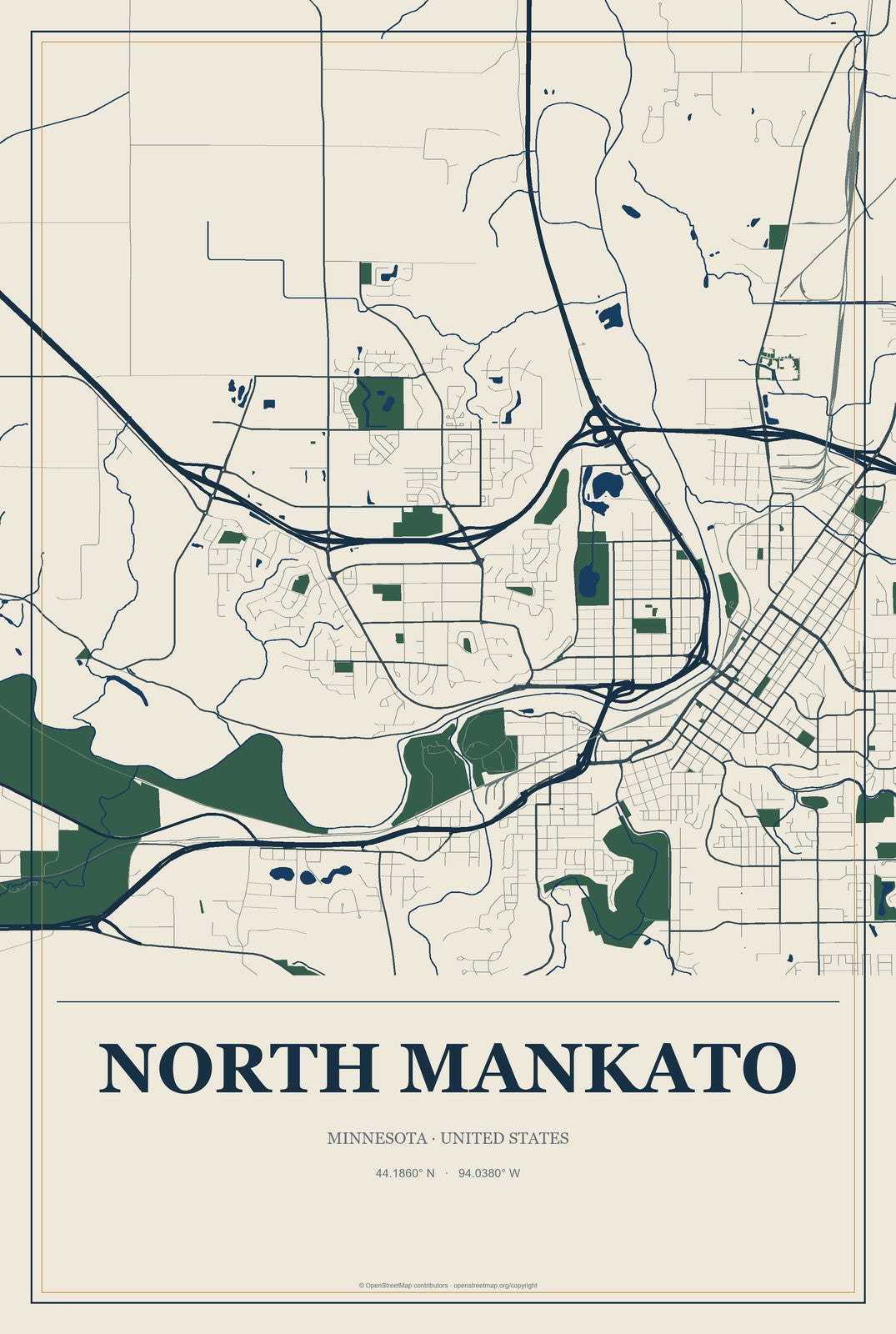 North Mankato, Minnesota City Map Aluminum Sign in Coastal Cutout style