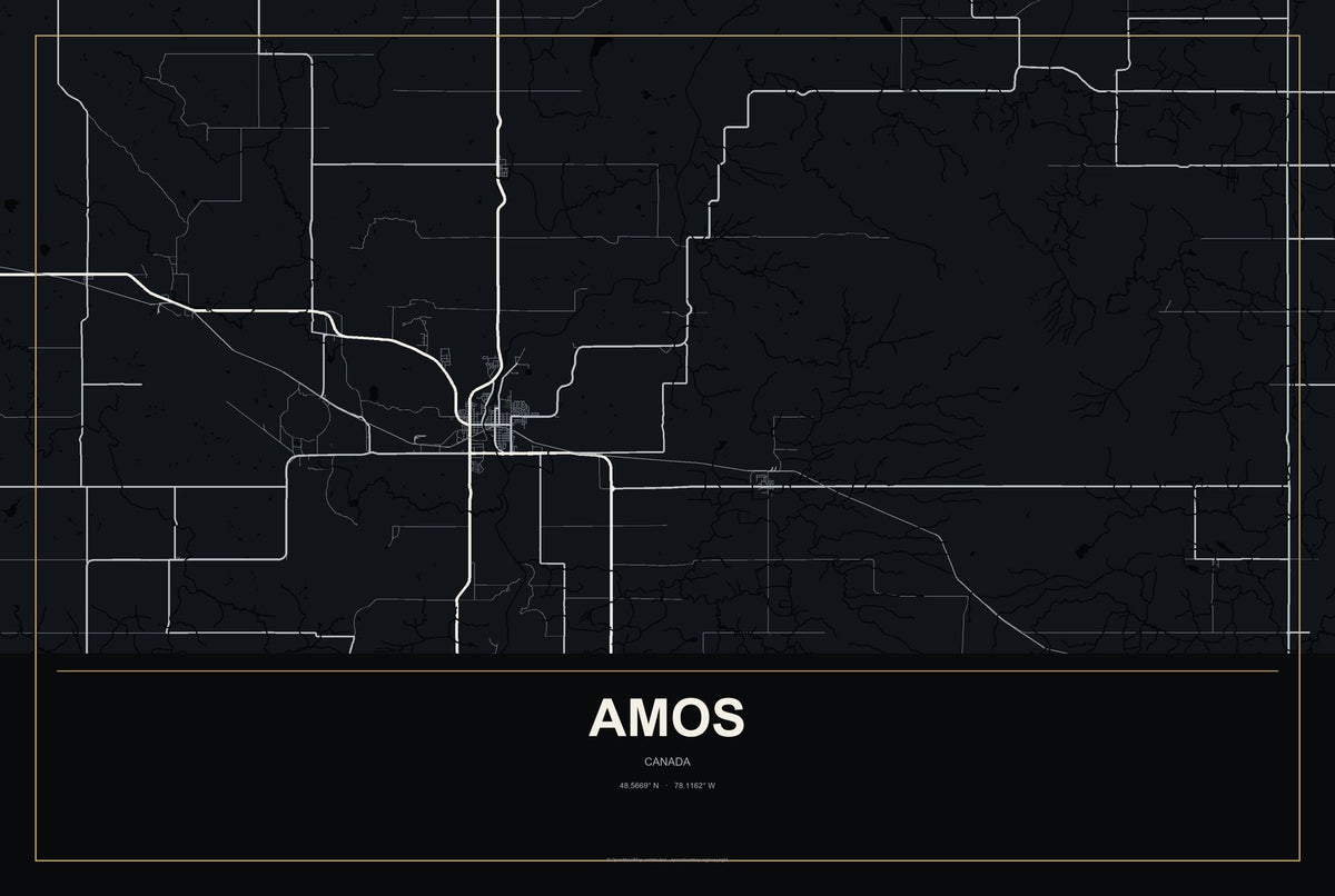 Amos, Canada City Map Aluminum Sign in Metropolitan Noir style