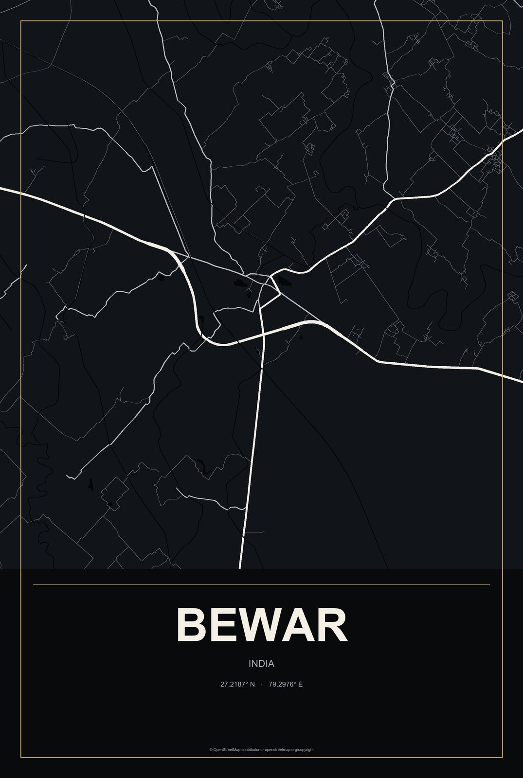Bewar, India City Map Aluminum Sign in Metropolitan Noir style