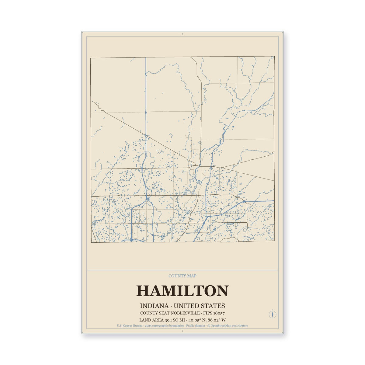Hamilton County, Indiana Map Aluminum Sign in Heritage Nautical style